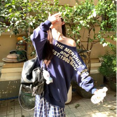 批发已出货 露思同款美式慵懒风套<b class='q'>装</b>辣妹字母斜肩卫衣阔腿休闲格子裤