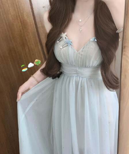 있음 선적 파란색 망사 깨진 훈련 휴가 바람 슬립 드레스 여성 여름 해변가 여행 V넥 섹시함 한 마디 롱 스커트