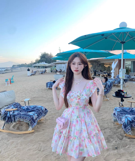 있음 선적 해변가 휴가 프랑스식 품격 여성 드레스 여름 부드러운 Chic 작은 날다 소매 꽃무늬 요정 치마