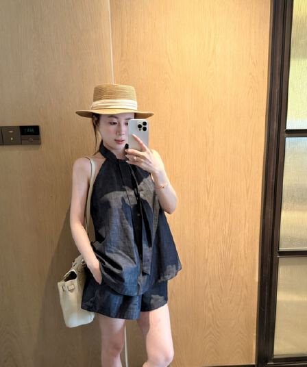 있음 선적 고급 센스 행침 목 데님 조끼 반바지 투피스 세트 여름 새로운 루즈핏 슬림해 보이는 통기성 세트