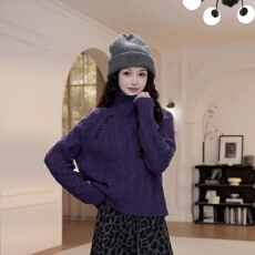 批发高领斜扣麻花毛衣女2025年秋<b class='q'>冬</b>新款慵懒风长袖针织衫