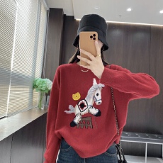 批发2025年秋<b class='q'>冬</b>新款趣味小马圆领套头毛衣女