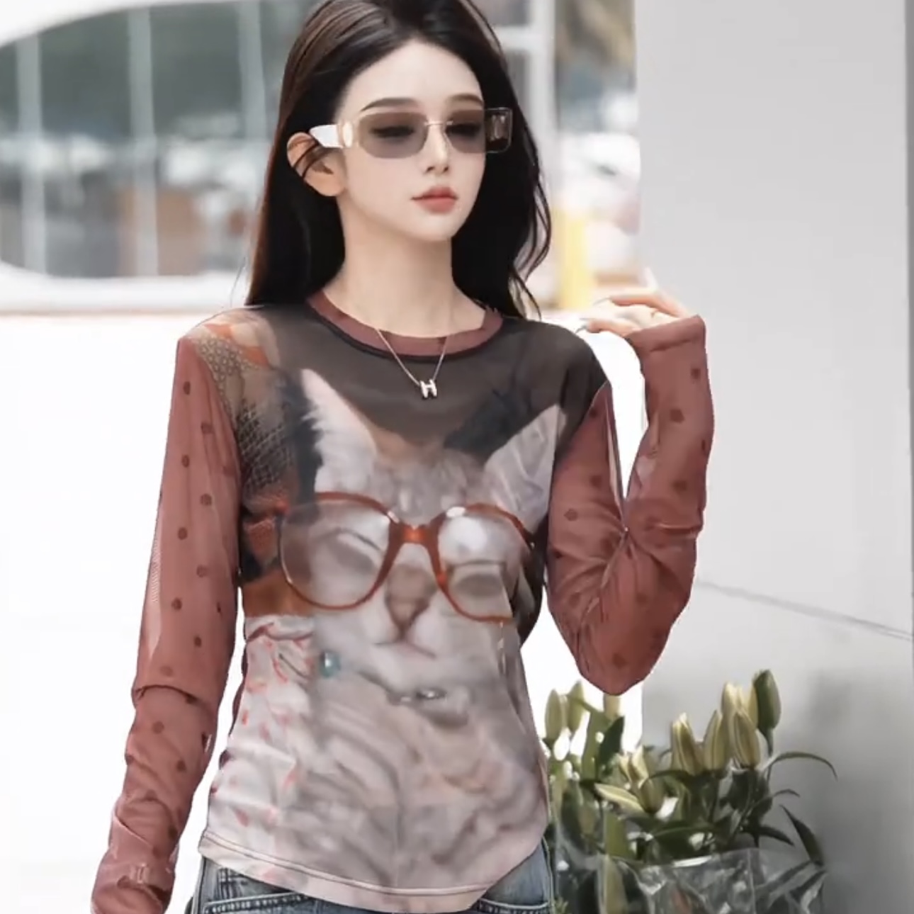 안경 새끼 고양이 새로운 2026 봄 여름 라운드 넥 프린트 디자이너 패션 긴팔 여성