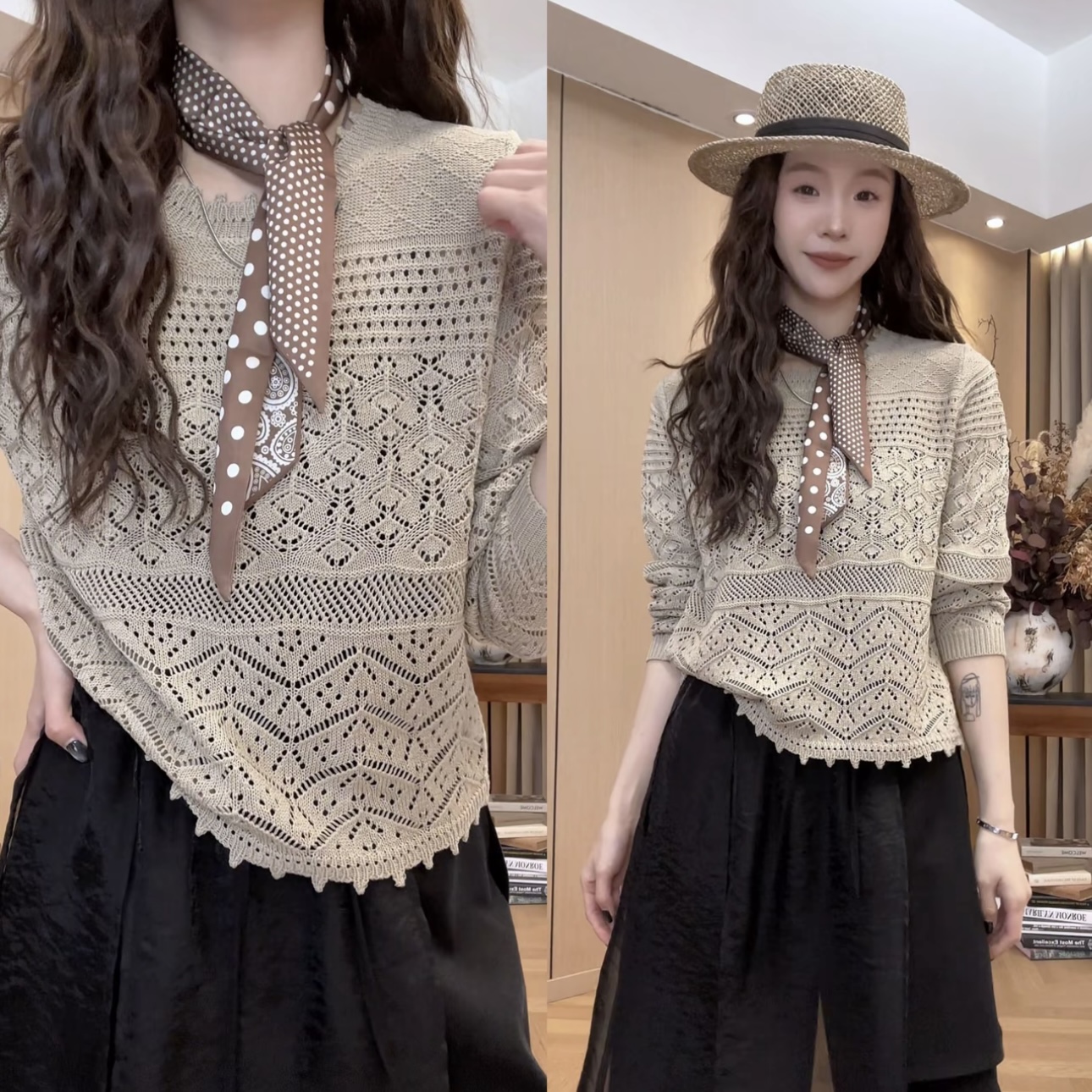 밀크 티 색상 자수 맨위 2026 년 봄 여름 새로운 슬림해 보이는 다용도 니트 티셔츠 여성