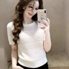 批发2026夏季新款白色镂空针织衫女韩系气质短袖套头宽松显瘦质感上衣
