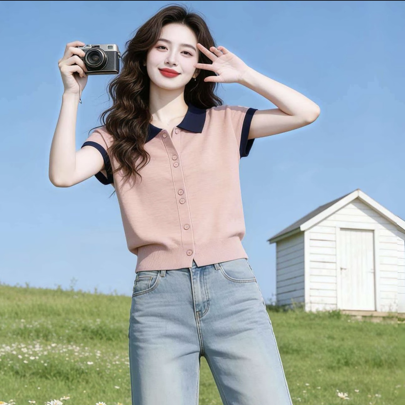 POLO 칼라 반팔 니트 오픈 가디건 여성 2026 새로운 배색 칼라 단추 슬림해 보이는 다용도 출퇴근 맨위