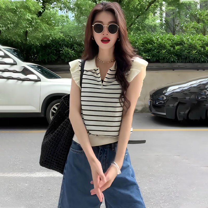 배색 스트라이프 하프 지퍼 폴로 칼라 민소매 니트 스웨터 여성 2026 새로운 여름 루즈핏 디자인 센스 외국 가스 맨위