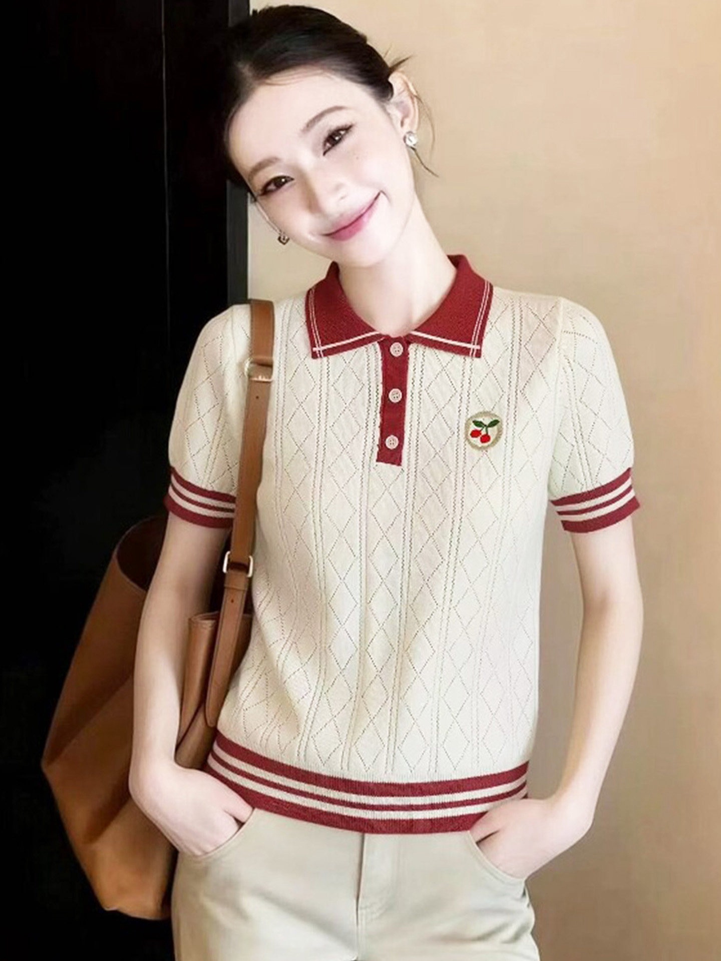 韩系学院风撞色樱桃刺绣polo衫女夏显瘦短袖针织T恤上衣   服裝批發女裝批發服飾貨源