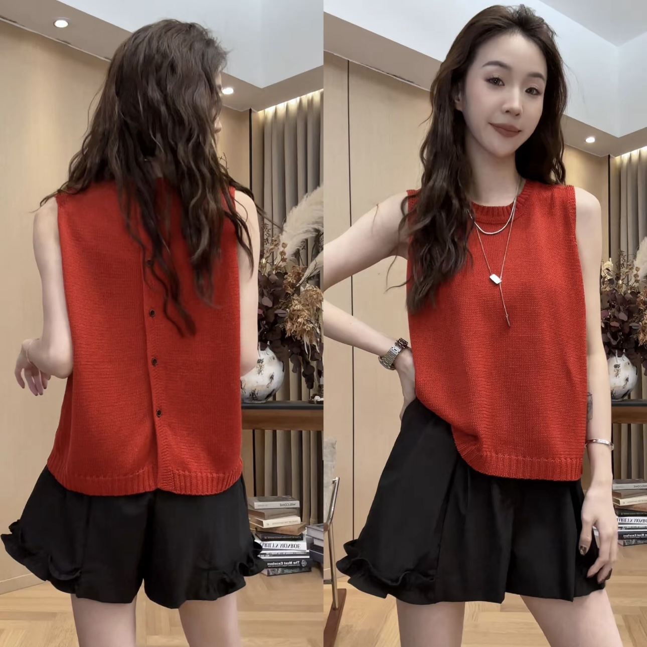 纽扣无袖针织背心夏季新简约百搭上衣女   服裝批發女裝批發服飾貨源