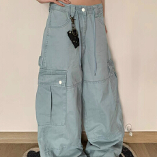 批发大码美式复古抽绳大口袋工装裤<b class='q'>男</b>女设计感宽松百搭阔腿休闲长裤潮