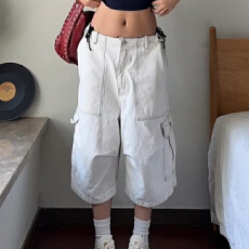 批发大码美式高街vibe大口袋工装<b class='q'>牛仔</b><b class='q'>短裤</b><b class='q'>男</b>女夏季休闲宽松阔腿七分裤