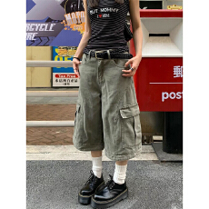 批发美式复古做旧水洗大口袋工装裤<b class='q'>男</b>女夏季宽松解构阔腿七分<b class='q'>牛仔</b><b class='q'>短裤</b>