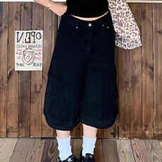 批发大码美式复古解构多口袋<b class='q'>牛仔</b>工装裤<b class='q'>男</b>女夏季潮牌宽松阔腿七分<b class='q'>短裤</b>