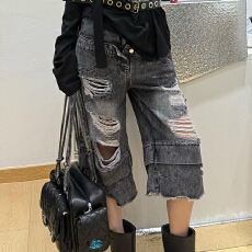 批发大码美式复古水洗破洞<b class='q'>牛仔</b>七分裤<b class='q'>男</b>女双腰头设计感宽松阔腿<b class='q'>短裤</b>潮