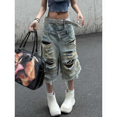 批发大码美式街头双腰头泥黄脏染破洞<b class='q'>牛仔</b>七分裤<b class='q'>男</b>女设计感宽松<b class='q'>短裤</b>潮