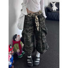 批发大码美式复古迷彩微喇工装<b class='q'>牛仔</b>裤<b class='q'>男</b>女街头宽松直筒阔腿七分<b class='q'>短裤</b>潮