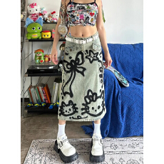 批发大码美式复古涂鸦手绘牛仔半身裙女<b class='q'>街头</b>y2k辣妹多口袋工装中长裙