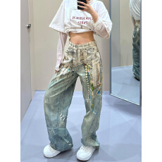 批发美式复古糖果链条3D印花牛仔裤男女高街vibe嘻哈宽松直筒休闲长裤