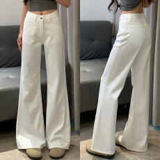 批发白色竹节纹<b class='q'>微喇</b><b class='q'>牛仔裤</b>女春秋喇叭裤低腰辣妹三防黑科技拖地阔腿裤
