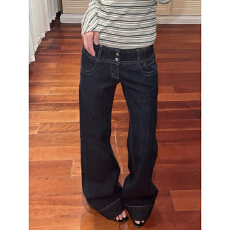 批发2026美式复古深蓝低腰直筒牛仔裤女秋季新款窄版显瘦休闲百搭<b class='q'>裤子</b>