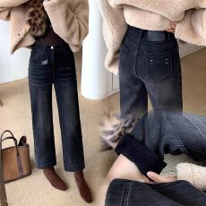 批发黑灰色九分加绒加厚直筒<b class='q'>牛仔裤</b>女保暖2025冬季小个子<b class='q'>弹力</b>显瘦裤子