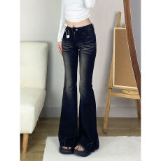 批发辣妹复古褶皱水洗波纹牛仔微喇裤女秋冬低腰小个子<b class='q'>弹力</b>喇叭长裤子