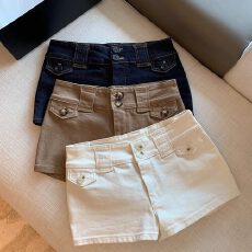 批发白色装饰口袋高腰紧身牛仔短裤女夏季新款辣妹修身<b class='q'>弹力</b>休闲短裤子