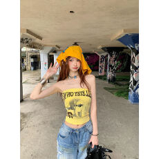 批发辣妹人像涂鸦字母印花抹胸背心女外穿<b class='q'>夏</b>季气质露脐性感短款上衣潮