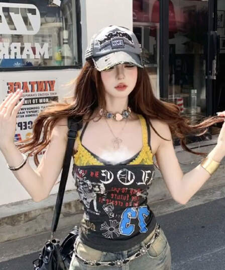 핫걸 레이스 조각 알파벳 프린트 캐미솔 여름 허리 수축 품격 슬림해 보이는 섹시함 민소매 맨위 트렌디