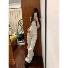 白色美式高腰窄版工装直筒牛仔裤女夏新款高个子宽松阔腿拖地长裤