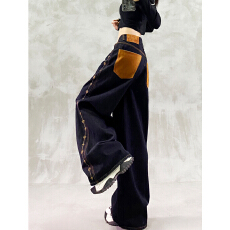 批发帅气拼色口袋设计休闲牛仔裤女<b class='q'>秋</b>新款高腰宽松显瘦百搭直筒阔腿裤