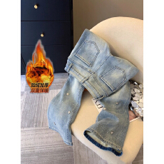 批发浅蓝色烫钻加厚加绒牛仔裤女<b class='q'>秋</b>季高腰窄版微喇马蹄裤保暖拖地裤子