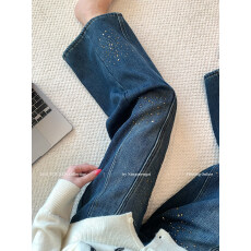 批发深蓝色<b class='q'>钉珠</b>烫钻加绒阔腿<b class='q'>牛仔裤</b>女2025秋冬新款高腰显瘦百搭直筒裤