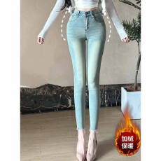批发秋冬加绒保暖铅笔<b class='q'>小脚牛仔裤</b>女复古水洗高腰修身弹力九分裤靴裤子