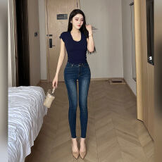 批发辣妹复古磨白水洗弹力<b class='q'>牛仔</b><b class='q'>铅笔裤</b>女春季小个子高腰弹力提臀九分裤