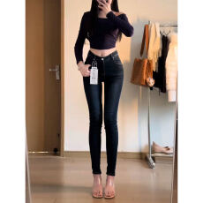 批发辣妹复古做旧褶皱高腰<b class='q'>牛仔</b><b class='q'>铅笔裤</b>女春季性感弹力紧身九分提臀裤子