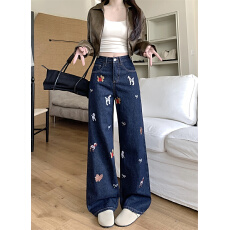 批发复古深蓝色小狗刺绣牛仔裤女秋冬季慵懒松弛感直筒阔腿拖地长<b class='q'>裤子</b>