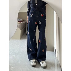 批发复古深蓝色小狗刺绣牛仔裤女秋冬季慵懒松弛感直筒阔腿拖地长<b class='q'>裤子</b>