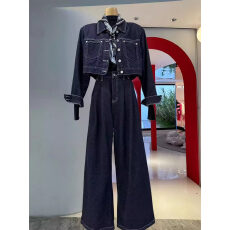 批发2026秋冬新款港风复古酷飒工装<b class='q'>牛仔</b>上衣短外套+阔腿长裤两件套女