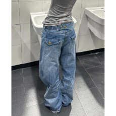 批发美式复古巴黎扣竹节纹牛仔裤男女春季街头水洗做旧直筒宽松百搭裤