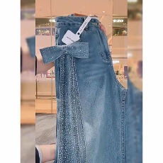 复古蝴蝶结烫钻牛仔裤女春季时尚百搭宽松阔腿满天星钻石直筒长裤