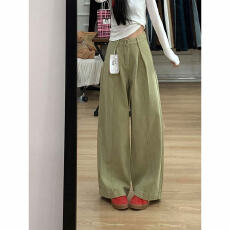 批发复古高街牛油果绿褶皱牛仔<b class='q'>阔腿裤</b>女春季<b class='q'>气质</b>小个子褶皱弯刀长<b class='q'>裤</b>子