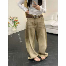 批发辣妹卡其色爆闪烫钻牛仔<b class='q'>阔腿裤</b>女春季<b class='q'>气质</b>小个子垂感百搭弯刀长<b class='q'>裤</b>