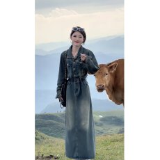 批发蓝色牛仔<b class='q'>连衣裙</b>2025早秋新款秋装气质高级感法式收腰长裙裙子女装