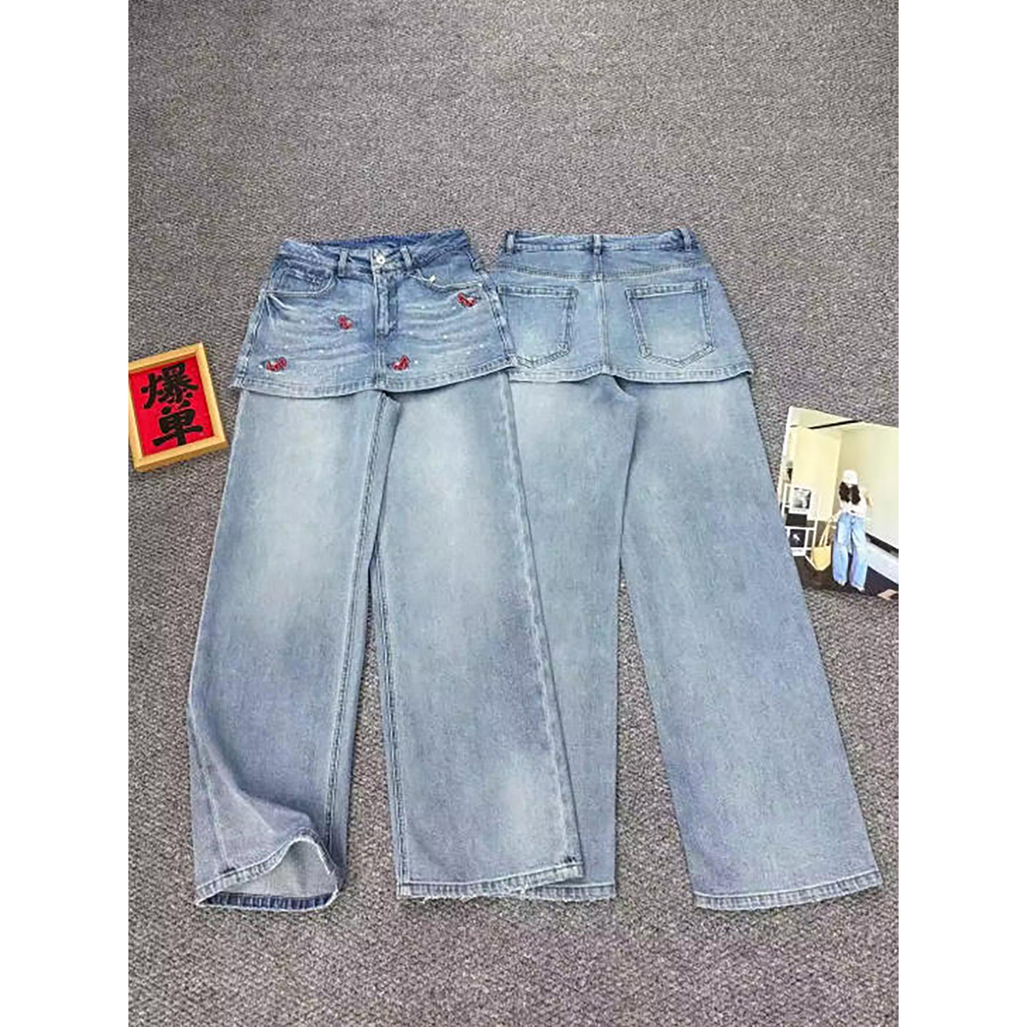 페이크 레이어드 넓은 다리 데님 치마바지 여성 여름 무거운 작업 작은 말 자수 핫픽스 하이웨이스트 다용도 마 오래된 바닥 청소 긴 바지