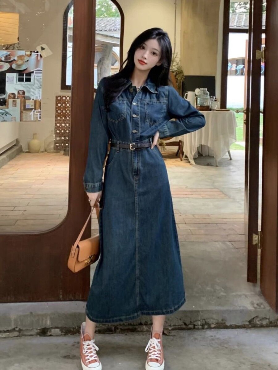 데님 드레스 여성 의류 2026 봄 가을 새로운 디자인 작은 대중 고급 센스 레트로 품격 슬림해 보이는 길다 치마