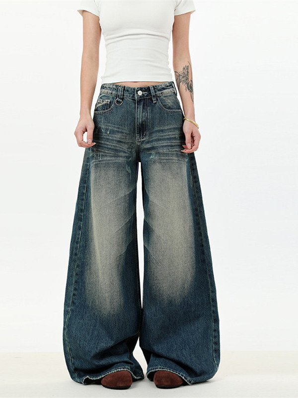 아메리칸 레트로 높음 거리 넓은 다리 청바지 여성 2026 년 가을 새로운 마 오래된 루즈핏 슬림해 보이는 도루 센스 바닥 청소 바지