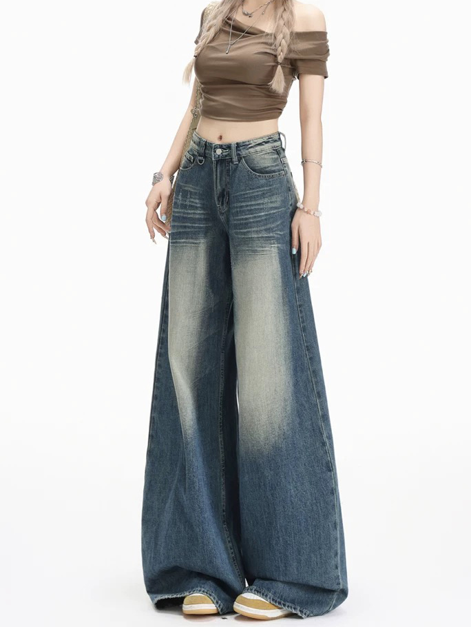 아메리칸 레트로 높음 거리 넓은 다리 청바지 여성 2026 년 가을 새로운 마 오래된 루즈핏 슬림해 보이는 도루 센스 바닥 청소 바지