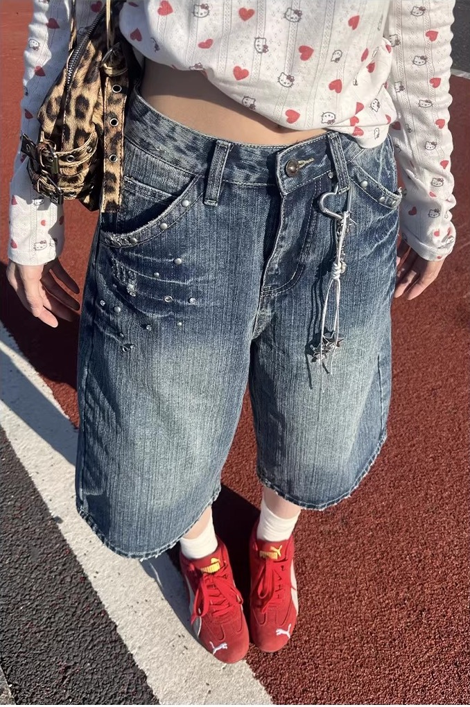 아메리칸 레트로 징 디자인 데님 7부 바지 여성 여름 새로운 거리 커플 루즈핏 넓은 다리 5 점 반바지