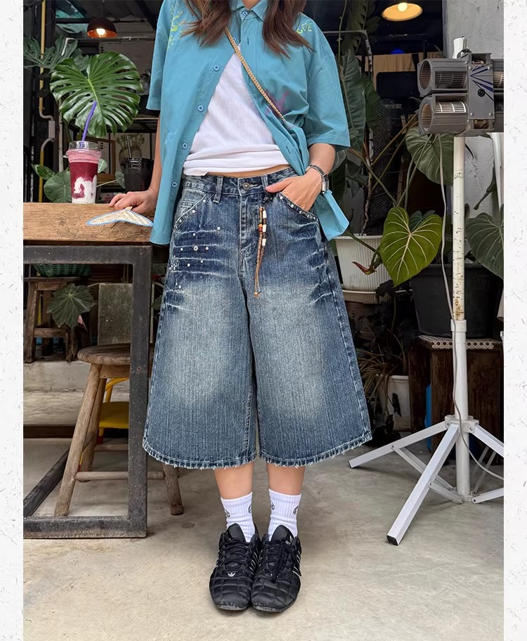 아메리칸 레트로 징 디자인 데님 7부 바지 여성 여름 새로운 거리 커플 루즈핏 넓은 다리 5 점 반바지